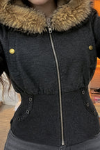 Corset Waist Fur Trim Zip Hoodie