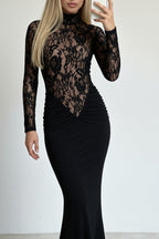 High Neck Sheer Lace Panel Maxi Dress