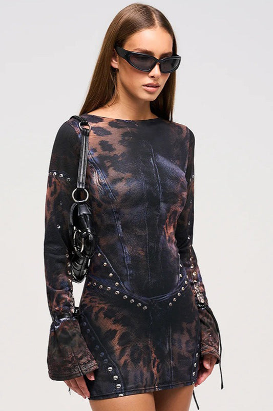 Fitted Crew Neck Printed Long-Sleeve Bodycon Dress Secondary image