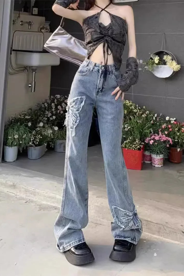 Washed Butterfly Embroidered Flared Jeans Main image