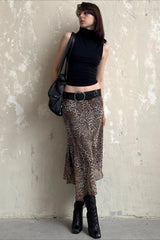 Leopard Print Sheer Mesh High Waist Skirt