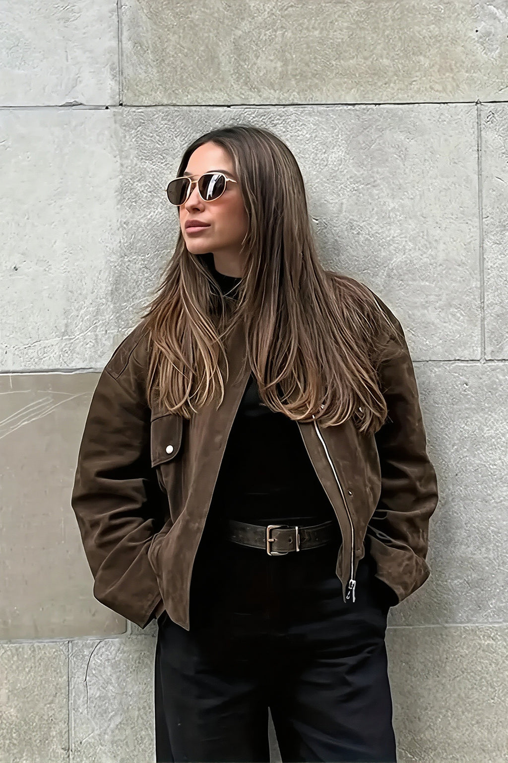 Utility Pocket Brown Funnel Neck Zip Jacket