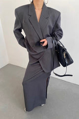 Wasteland Shoulder Pad Lapel Long Sleeve Drapey Blazer Split Midi Skirt Two Piece Set