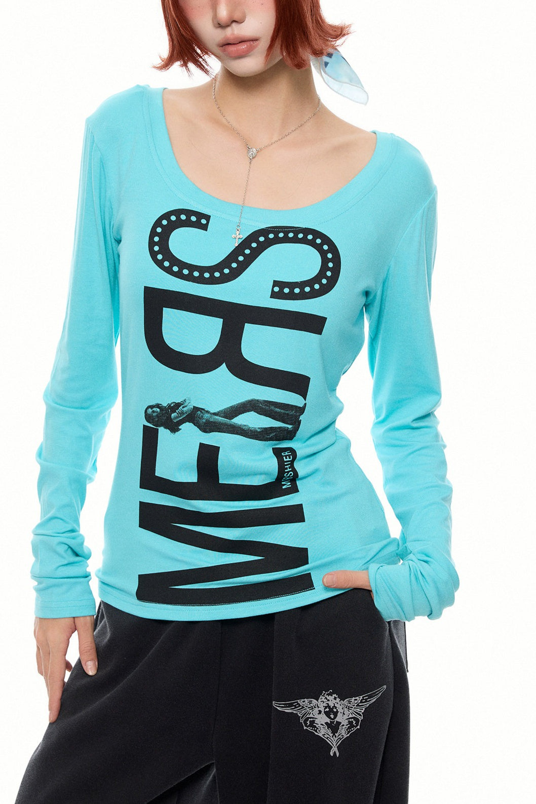 Oversized Letter Graphic Fitted Long Sleeve T-Shirt