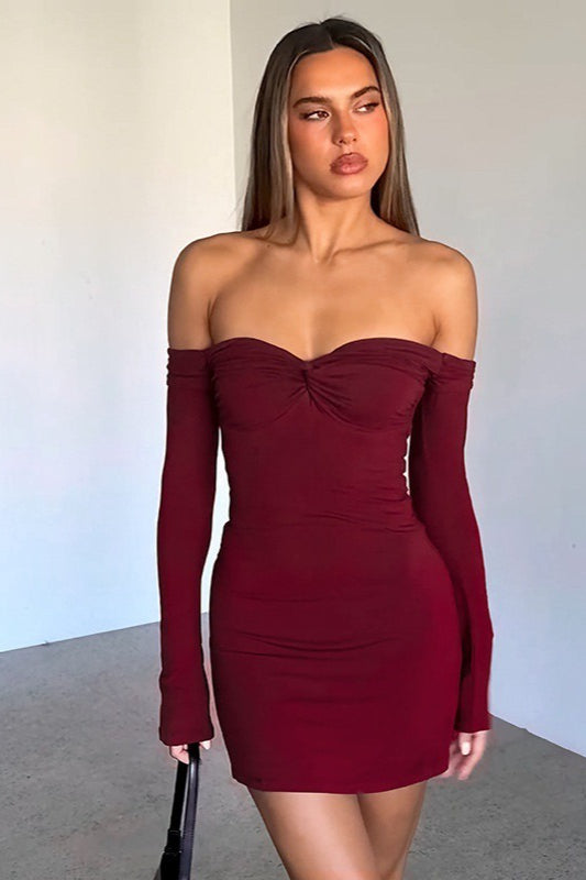 Solid Off-Shoulder Low Cut Ruched High Waist Elegant Cocktail Dress Main image