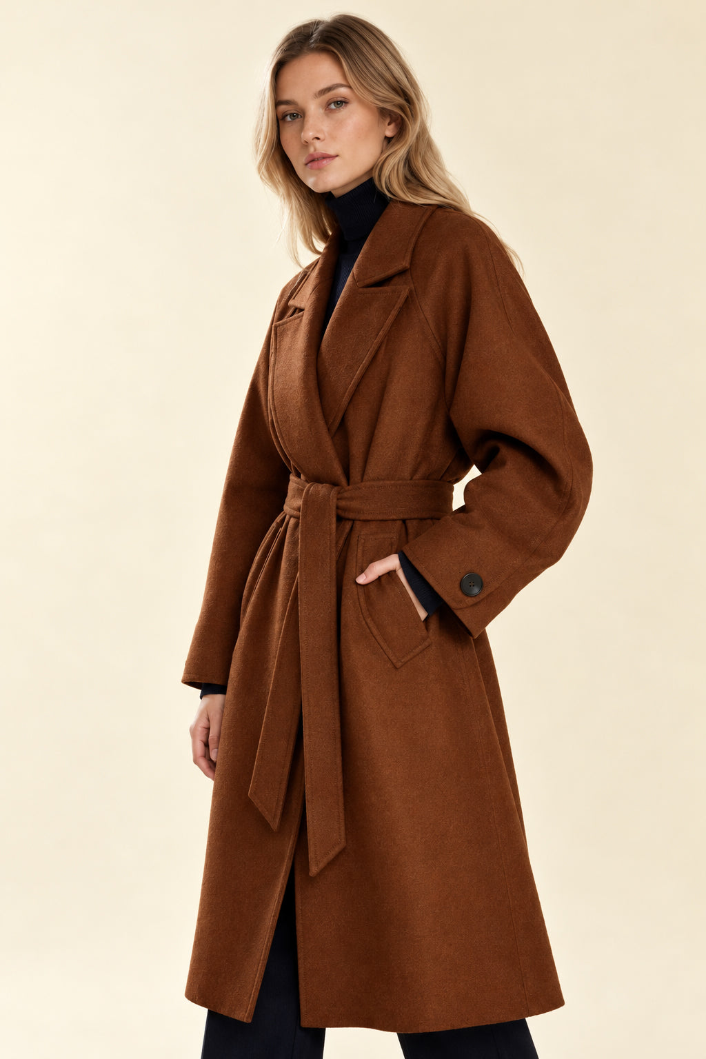 Retro Solid Woolen Coat Women Knee High Thick Turn-Down Overcoat