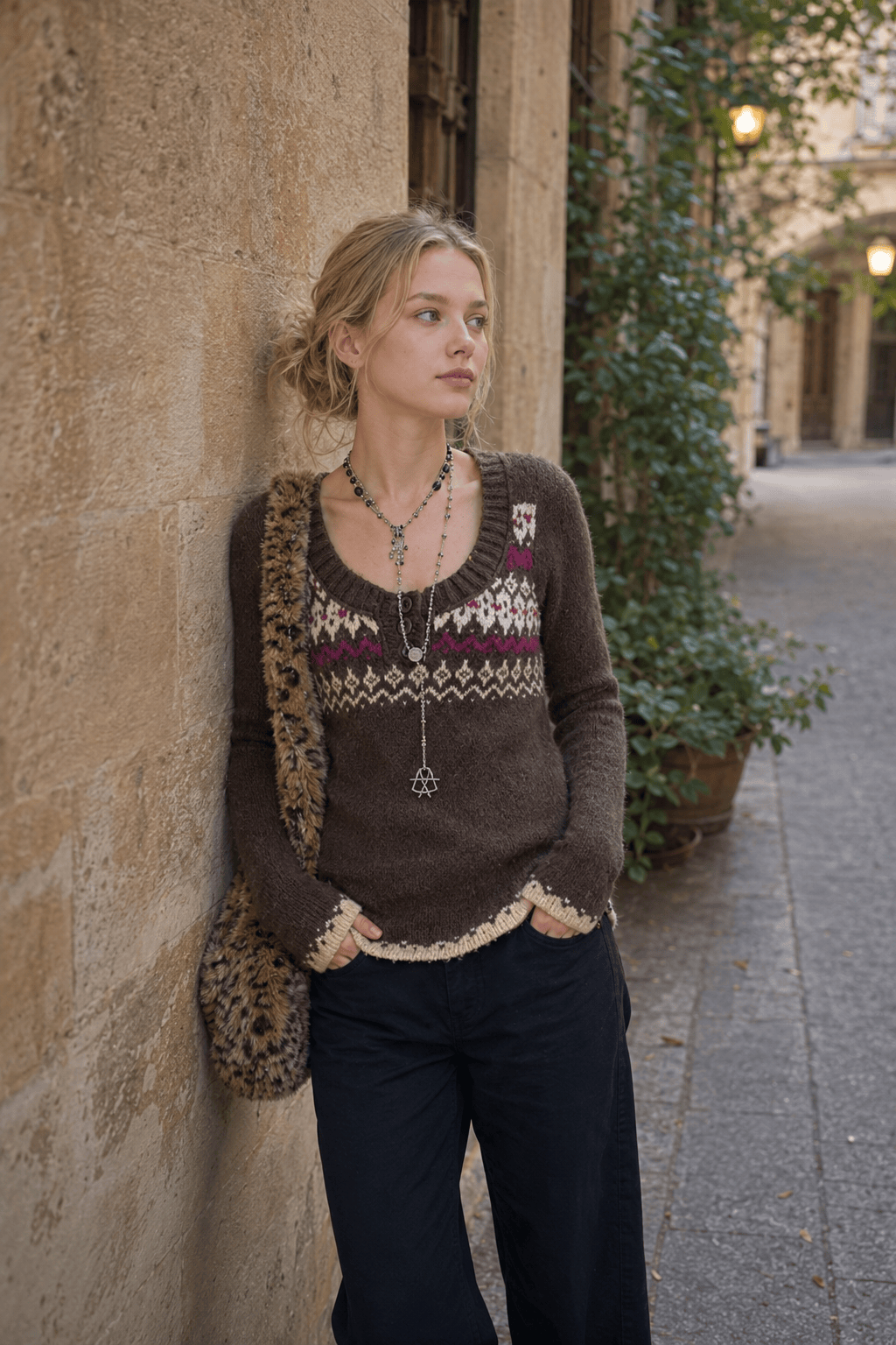 Jacquard Knit Button Sweater