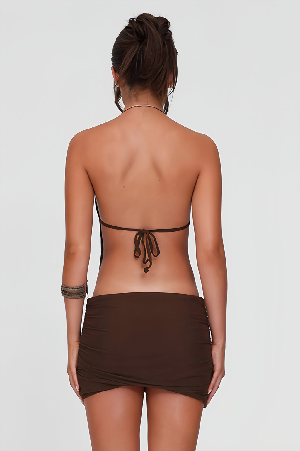 Metal Ring Halter Tie Back Bodycon Mini Dress