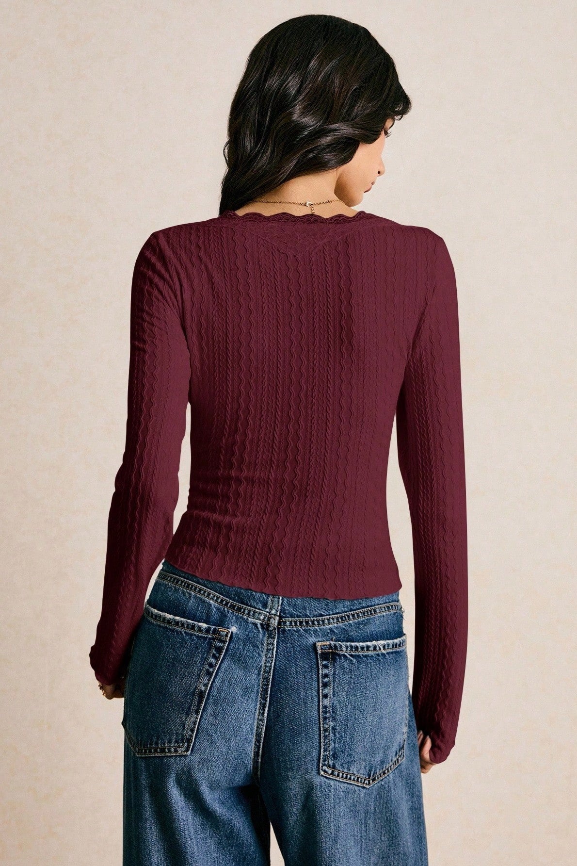 Lace V Neck Ribbed Button Long Sleeved T-shirts