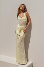 Halter Lace Ruched Front Slit Maxi Dress