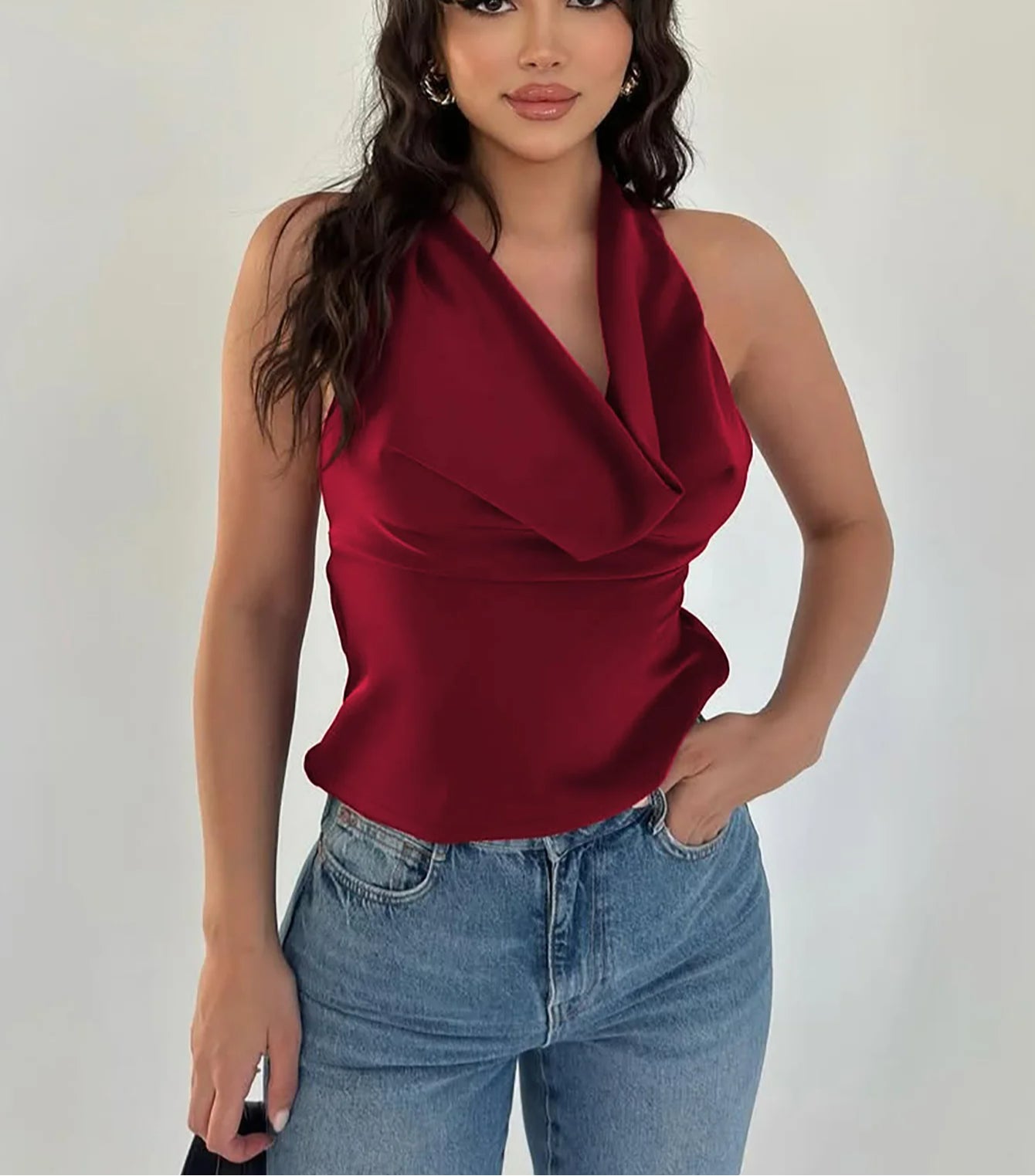 Halter Lace Up Ruched Solid Cami Top Main image