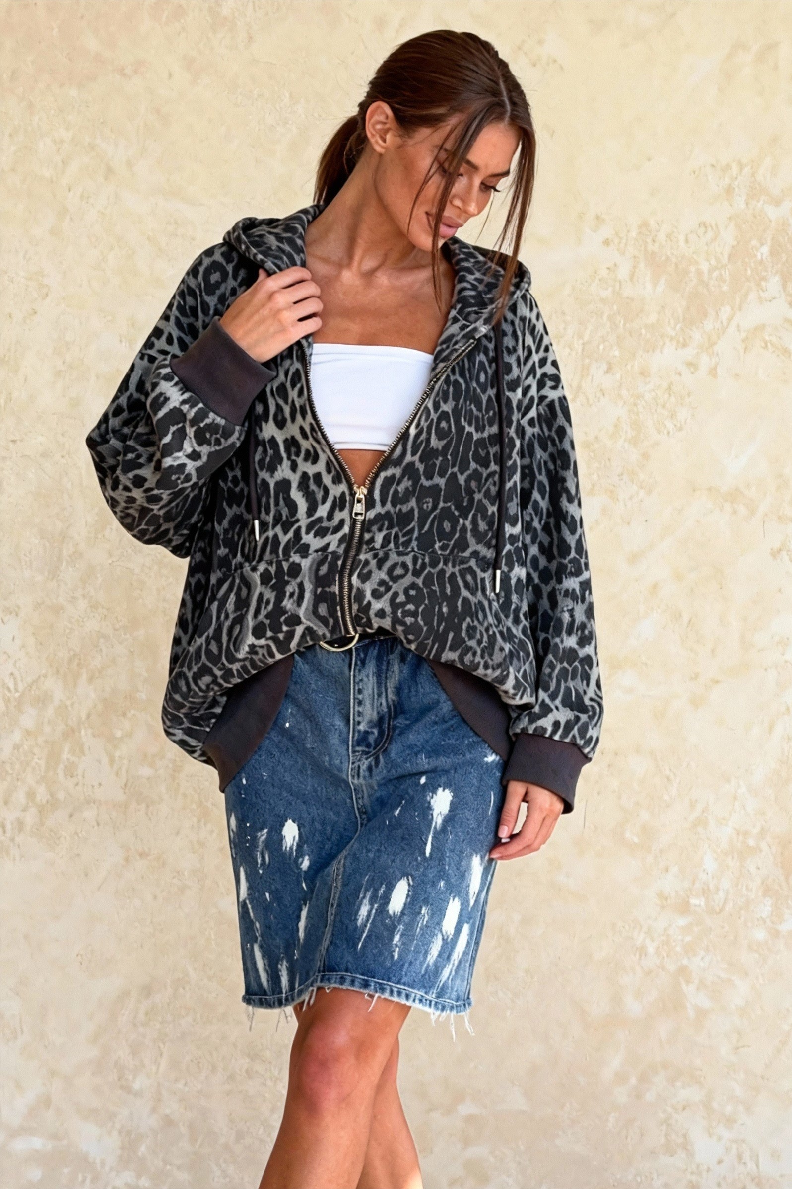 Leopard Print Zip Color-Block Hoodie Main image