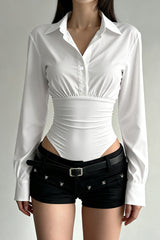 Polo Shirt Paneled Solid Slim Waist Cinching Bodysuit