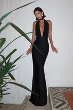V Neck Halter Backless Solid Color Slit Formal Dress