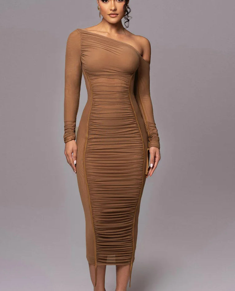 Diagonal Collar Draped Mesh Maxi Dress Secondary image