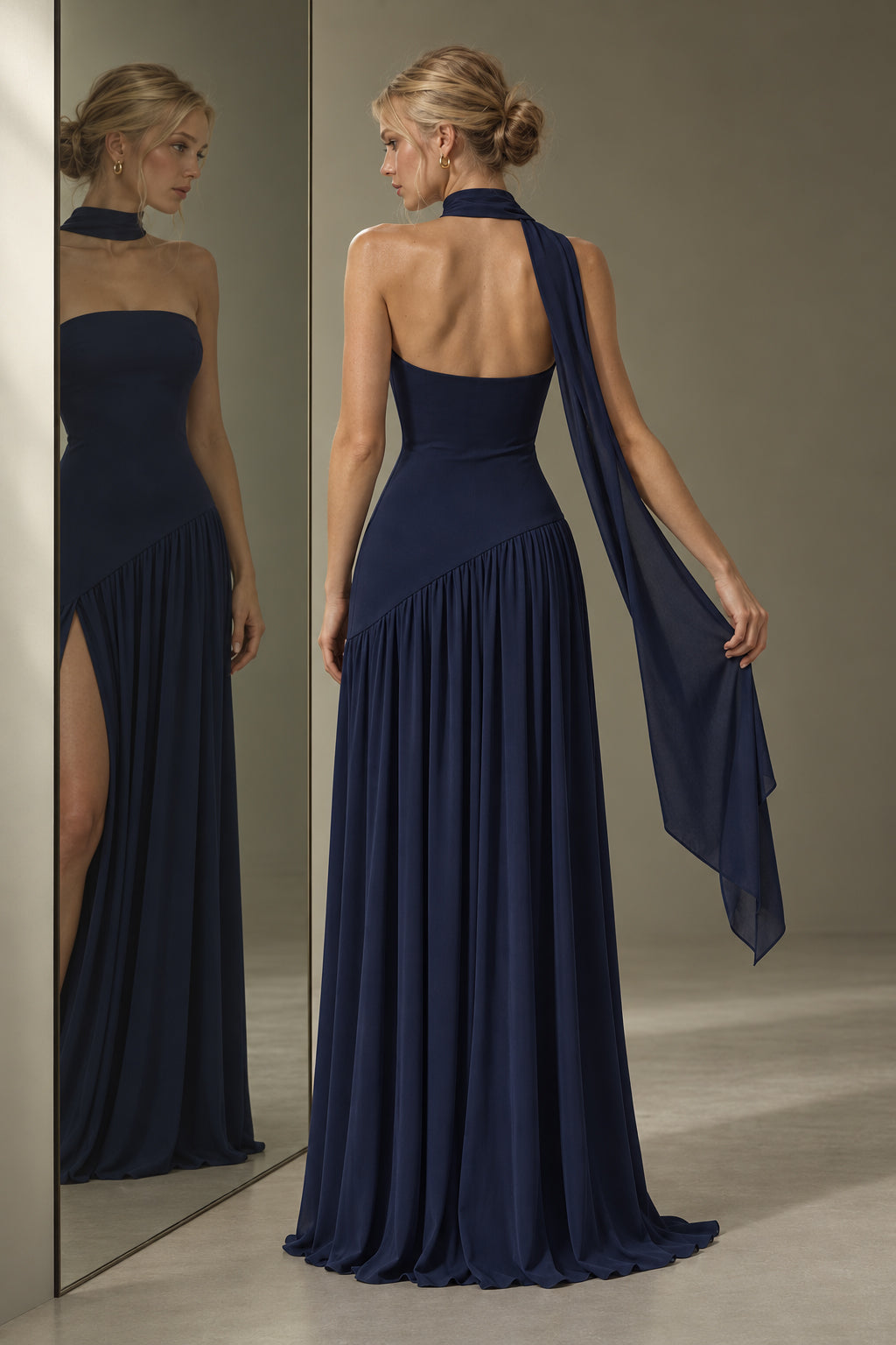 Strapless Scarf Detail Slit Maxi Dress