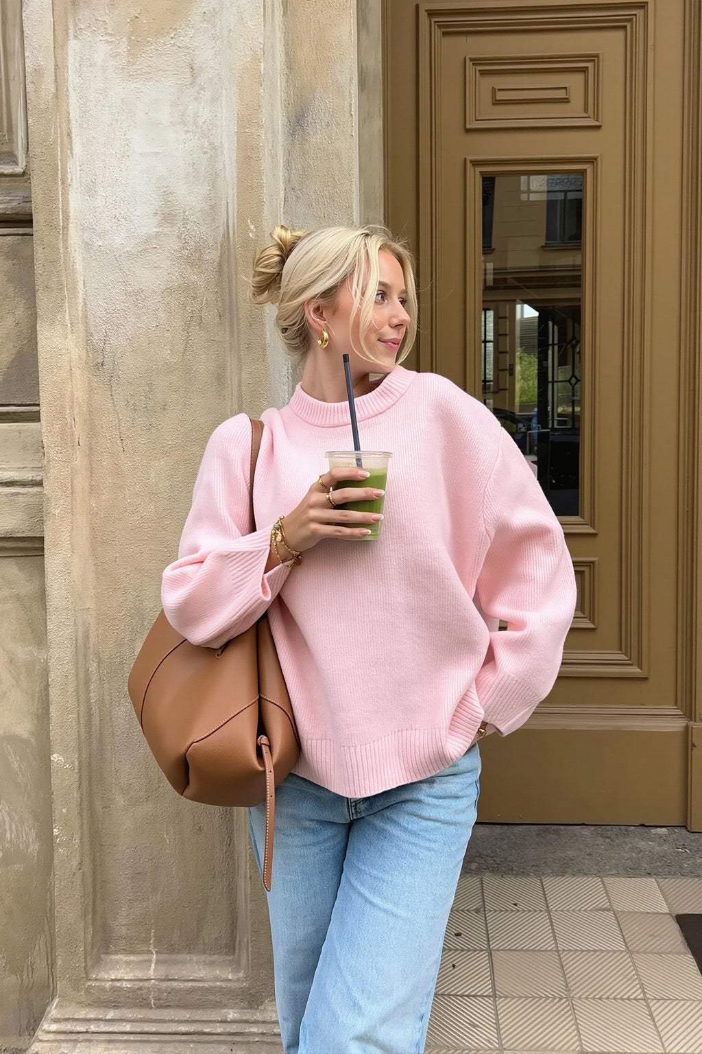 Soft Pink Crew Neck Relaxed Fit Sweater