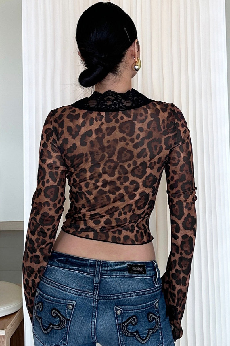 Leopard Lace Trim Sheer Mesh T-shirts
