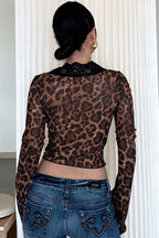 Leopard Lace Trim Sheer Mesh T-shirts
