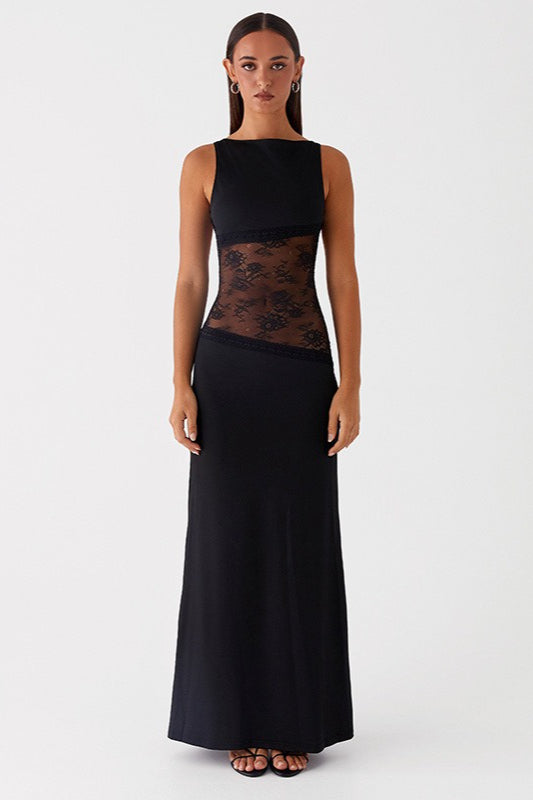 Sheer Lace Satin Panel Backless Fit Lace Dress Secondary image