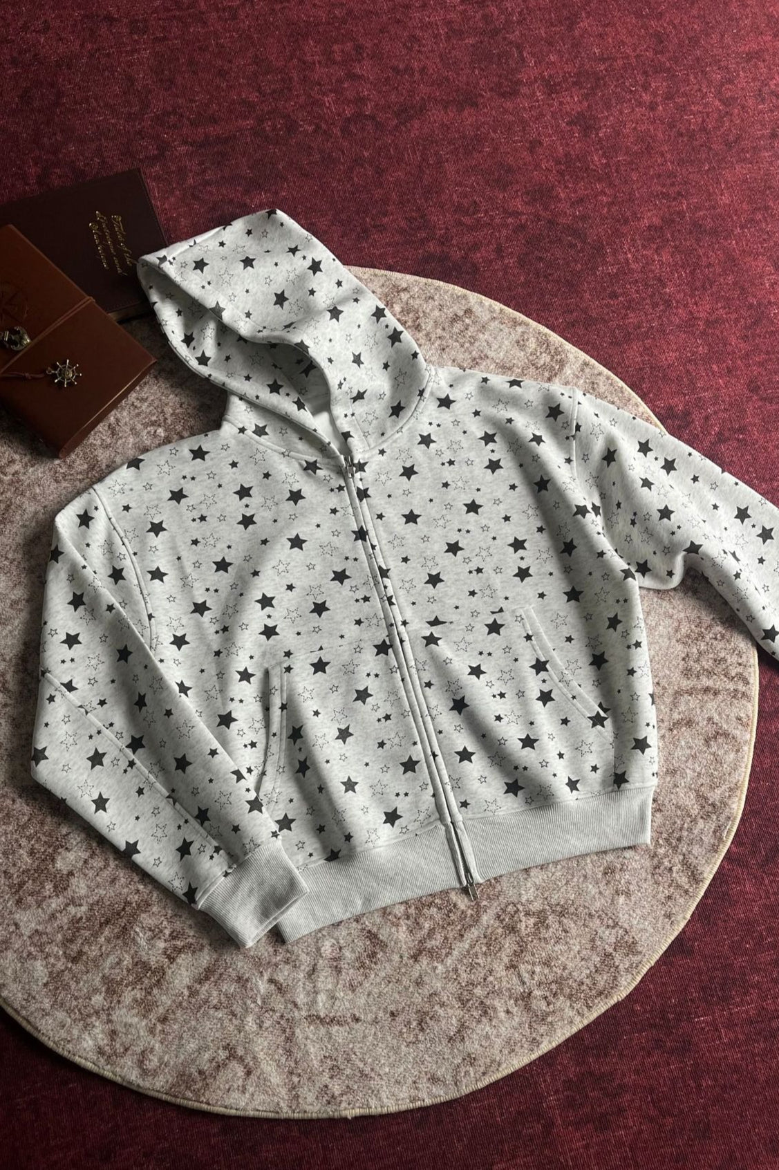 Allover Star Print Relaxed Fit Zip-Up Hoodie