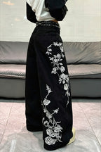Rose Embroidered Stretch Straight Leg Jeans