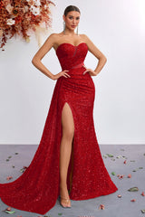 Sequin Strapless High Waist Slit Prom Dress