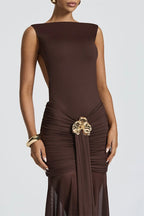 Solid Sleeveless Backless Ruched Waist Slit Formal Dress