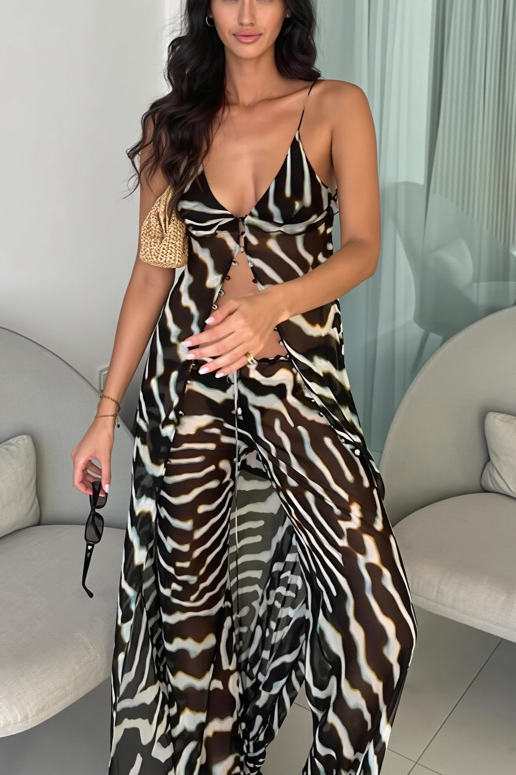 Mesh Asymmetric Top Pants Two-Piece Set