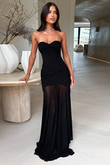 Elegant Slim Strapless Backless Ruched Mesh Long Formal Dress