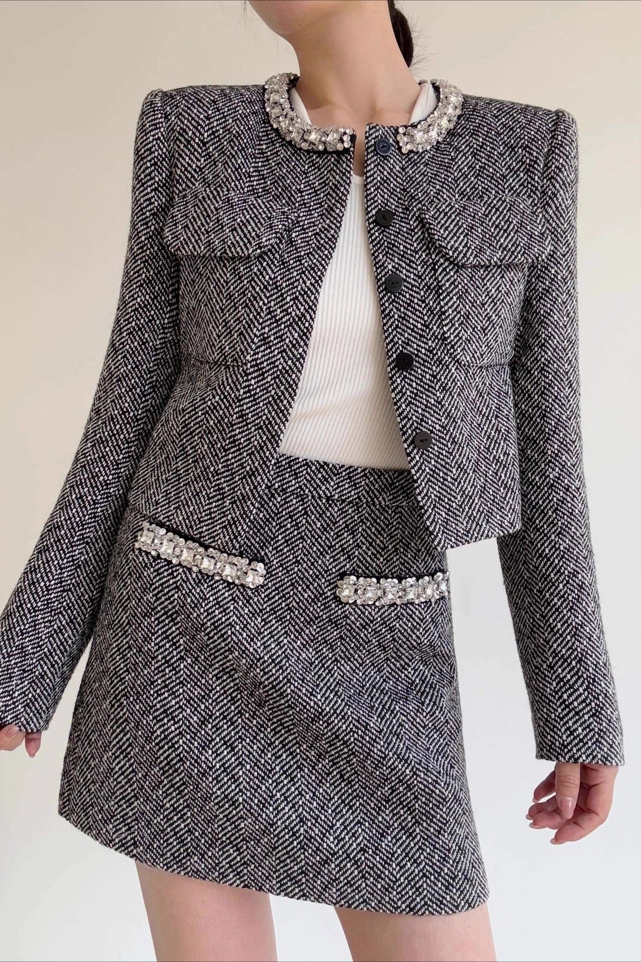 Gray Herringbone Boucle Skirt Tweed Suit Set Main image