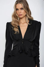 Deep V Neck Waist Cinched Ruffle Hem Shoulder Pad Blouse