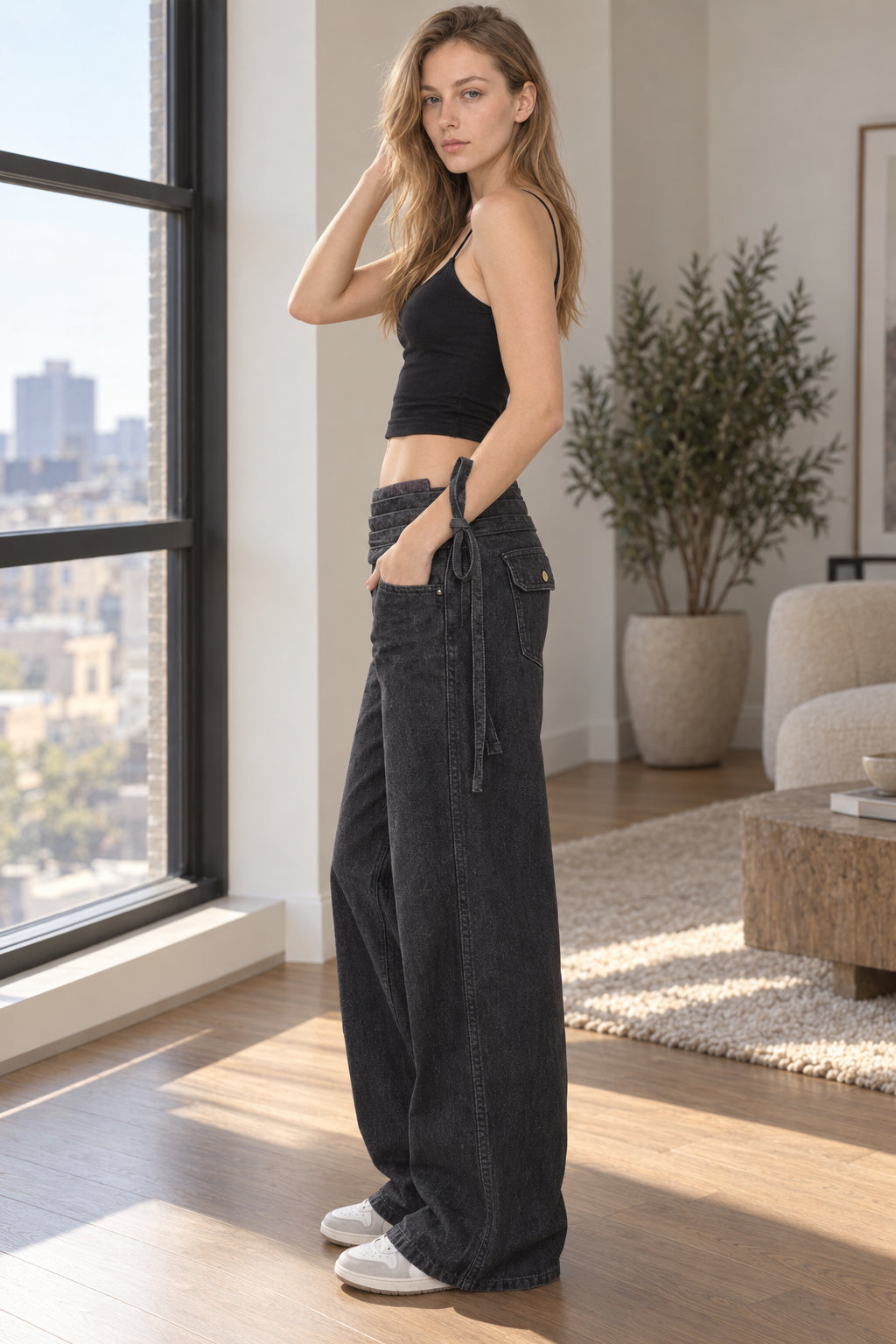 Drawstring Ruched Wide Leg Jeans Secondary image