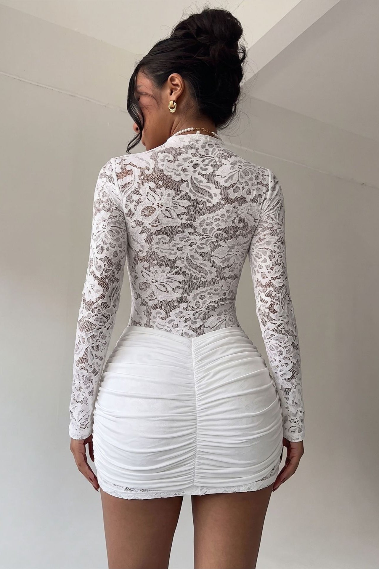 Lace Panel High Neck Draped Asymmetric Mini Dress