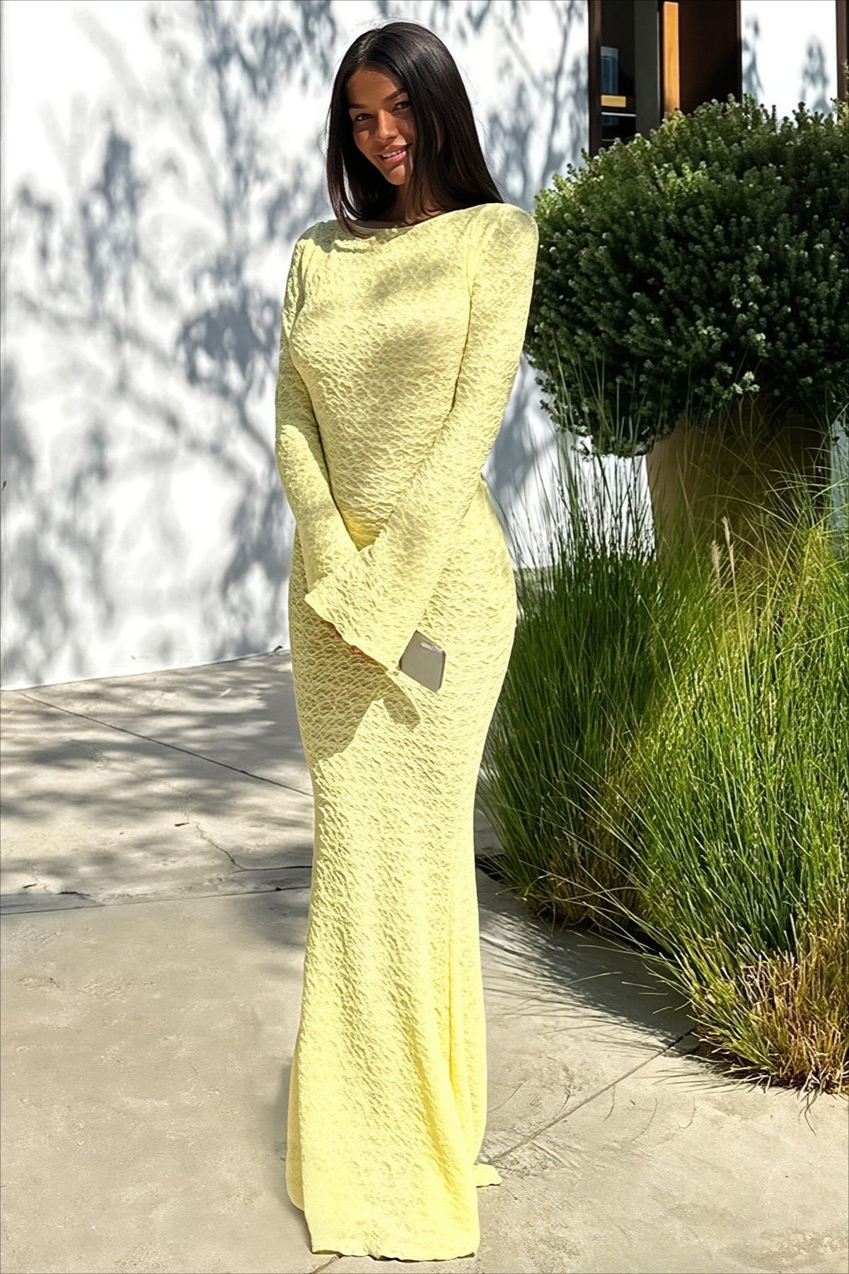 Textured Open Back Long Sleeve Fishtail Maxi Dress