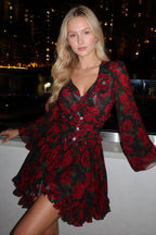 V Neck Long Sleeve A Line Floral Dress