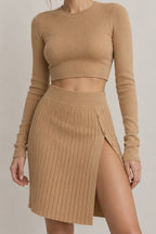 Knitted Crop Top & Buttoned Slit Midi Skirt Two Piece Set