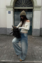Light Wash Whisker Fleece Lined Wide Leg Loose Jeans