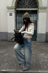 Light Wash Whisker Fleece Lined Wide Leg Loose Jeans