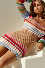 Striped Color-Block U-Neck  Long-Sleeve Knit Sweater Dress