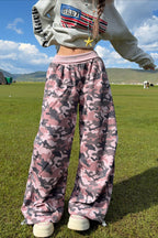 Pink Camouflage Drawstring Wide Leg Pants