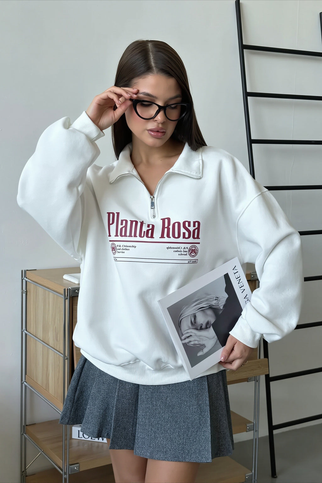 Print Loose Fit Half-Zip Collared Sweatshirt