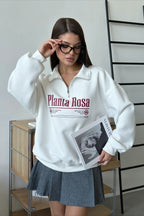 Print Loose Fit Half-Zip Collared Sweatshirt