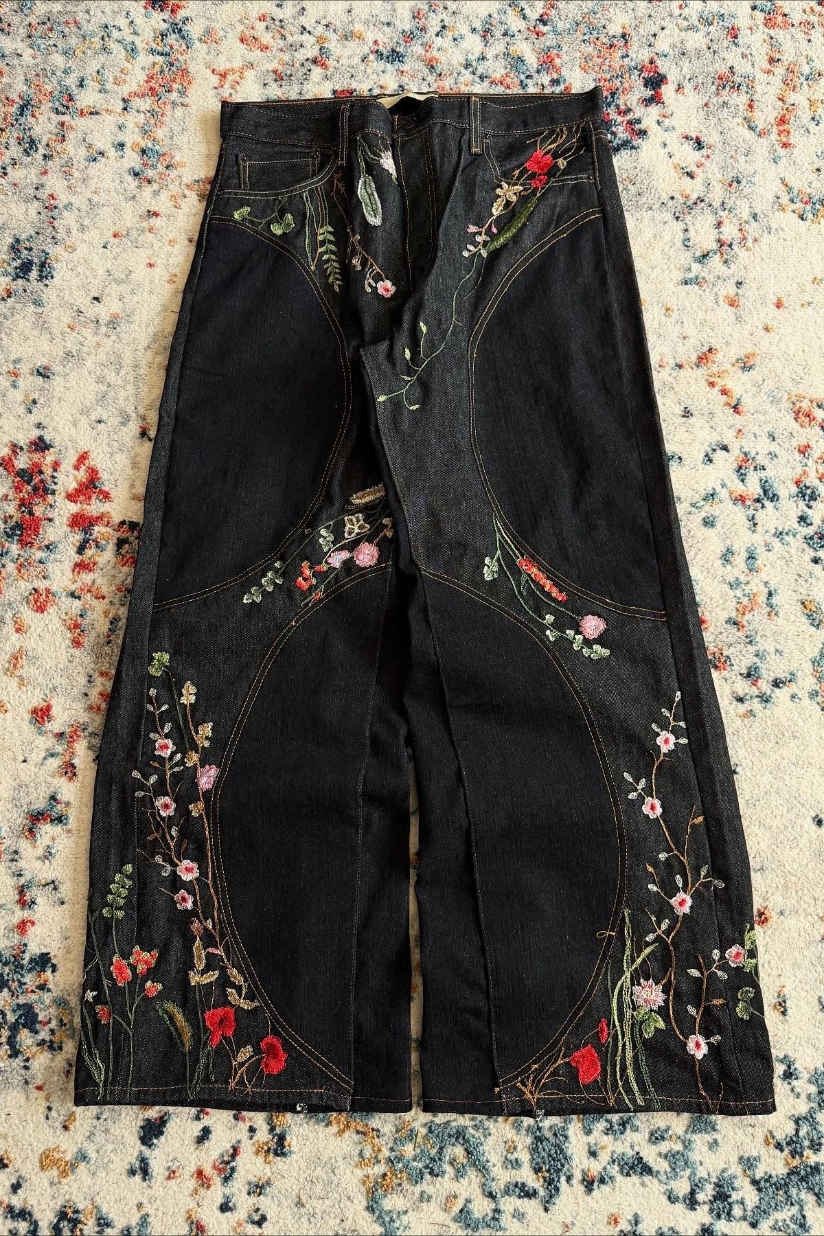 Floral Embroidered Patchwork Wide Leg Jeans