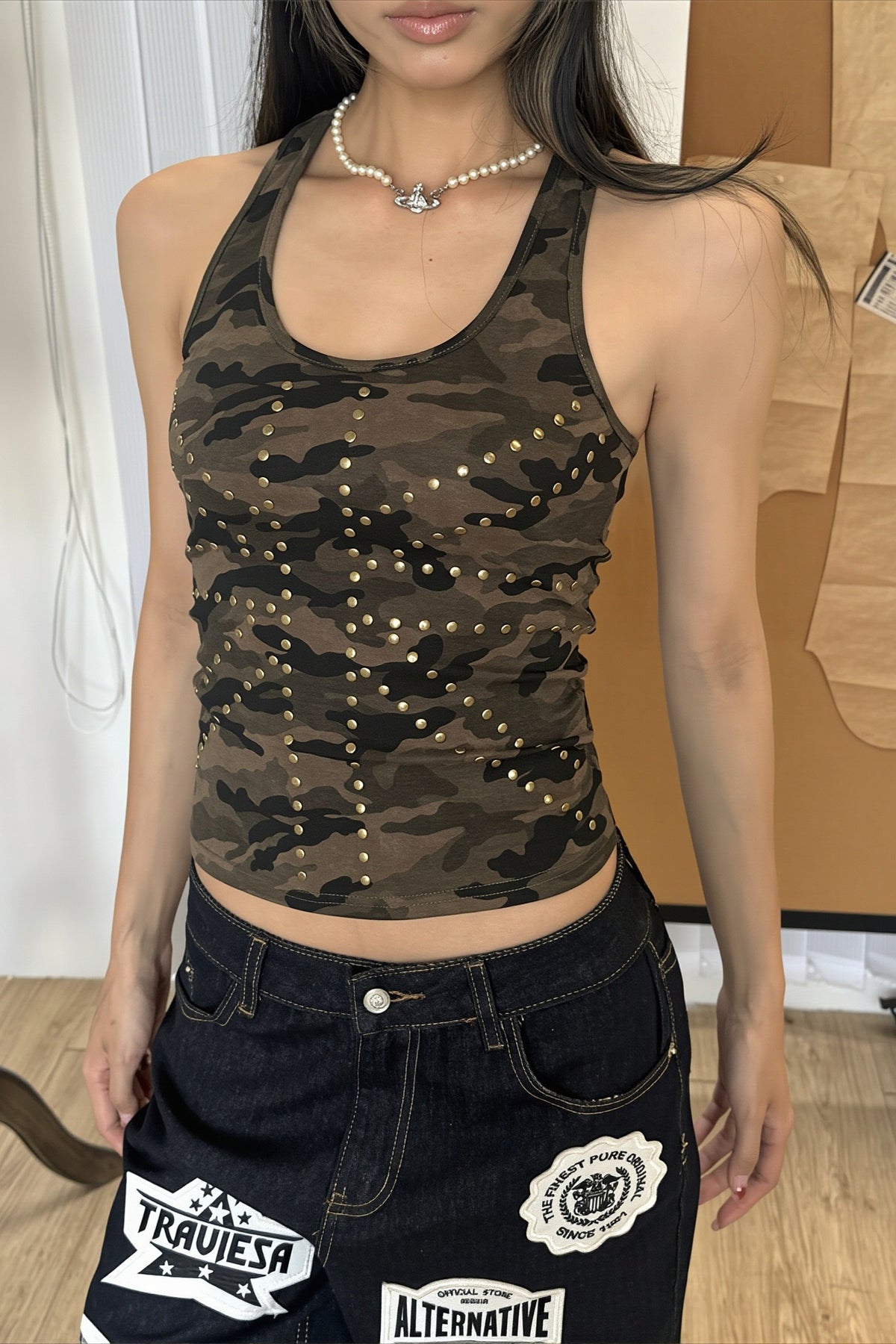 Studded Camouflage Fitted Racerback Tank Top Main image