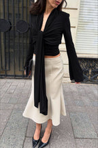Draped Tie Neck Bell Sleeve Long Sleeved T-shirts