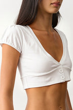 Button Front Ribbed V Neck Fitted Crop Top