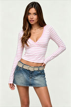 Striped Deep V Neck Fitted Long Sleeve T-Shirt