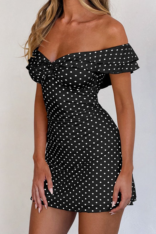 Off Shoulder Polka Dot Twist Bodycon Mini Dress
