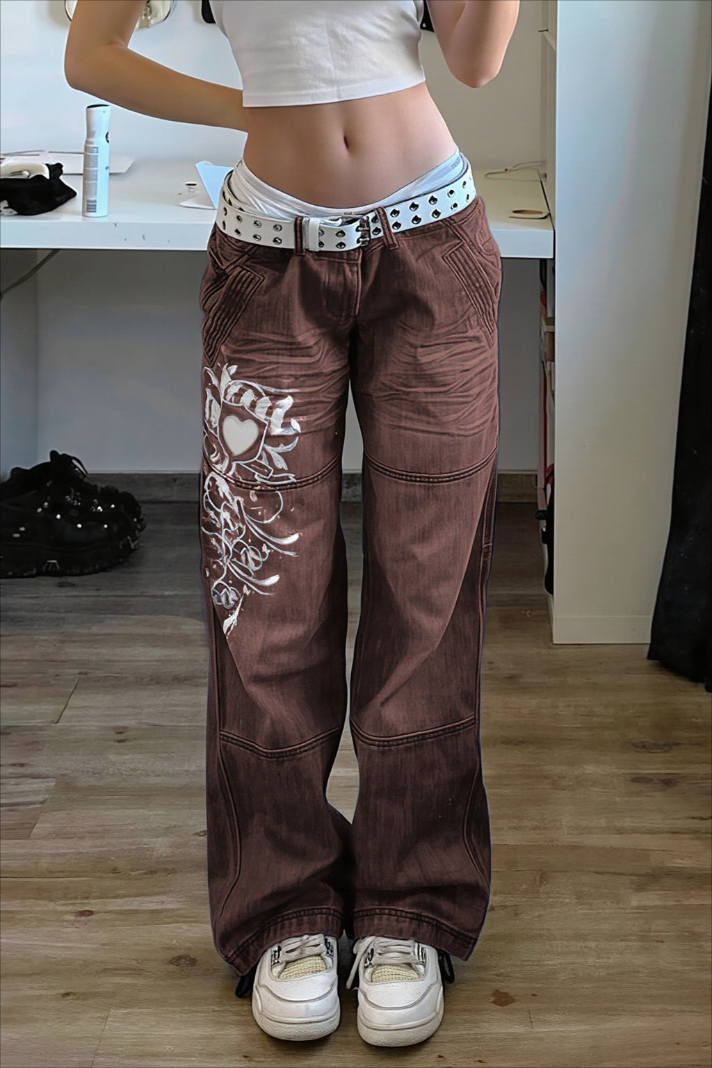 Graphic Print Relaxed Wide Leg Jeans